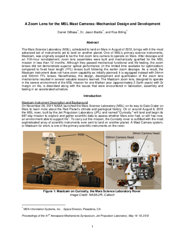 (PDF) A Zoom Lens for the MSL Mast Cameras : Mechanical Design and ...