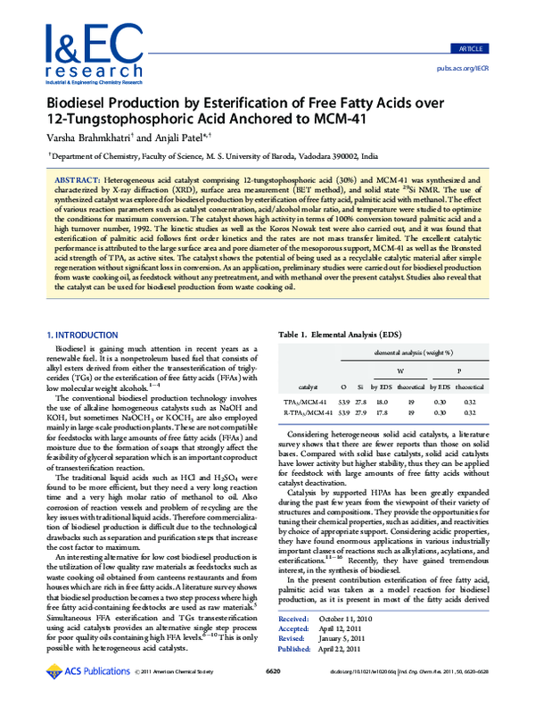 (PDF) Biodiesel Production by Esterification of Free Fatty Acids over ...