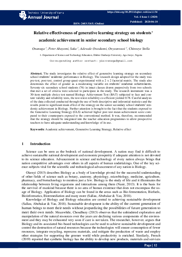 (PDF) Relative Effectiveness of Generative Learning Strategy on ...