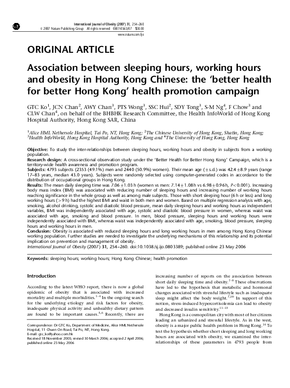 (PDF) Association between sleeping hours, working hours and obesity in ...