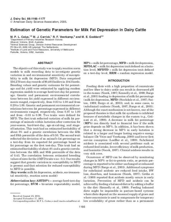 (PDF) Estimation of Genetic Parameters for Milk Fat Depression in Dairy ...