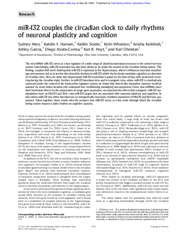 (PDF) miR-132 couples the circadian clock to daily rhythms of neuronal ...