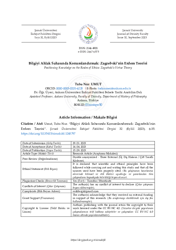 (PDF) Bilgiyi Ahlak Sahasında Konumlandırmak Zagzebski'nin Erdem