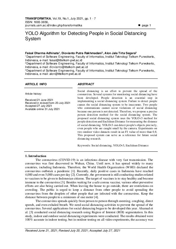 (PDF) YOLO Algorithm for Detecting People in Social Distancing System