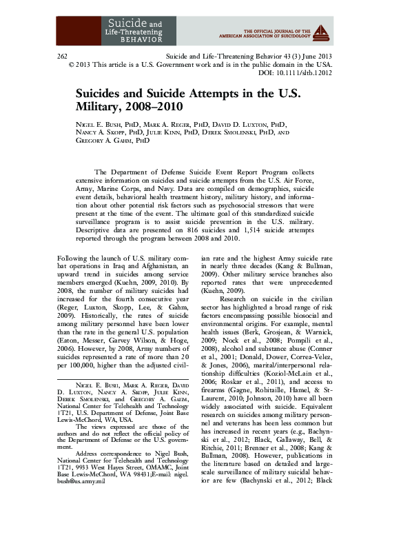 (PDF) Suicides and Suicide Attempts in the U.S. Military, 2008-2010