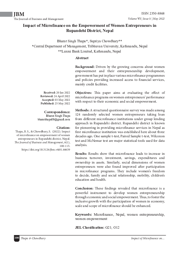 (PDF) Impact of Microfinance on the Empowerment of Women Entrepreneurs ...