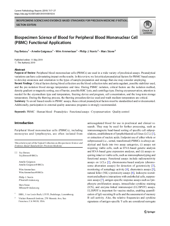 (PDF) Biospecimen Science of Blood for Peripheral Blood Mononuclear ...