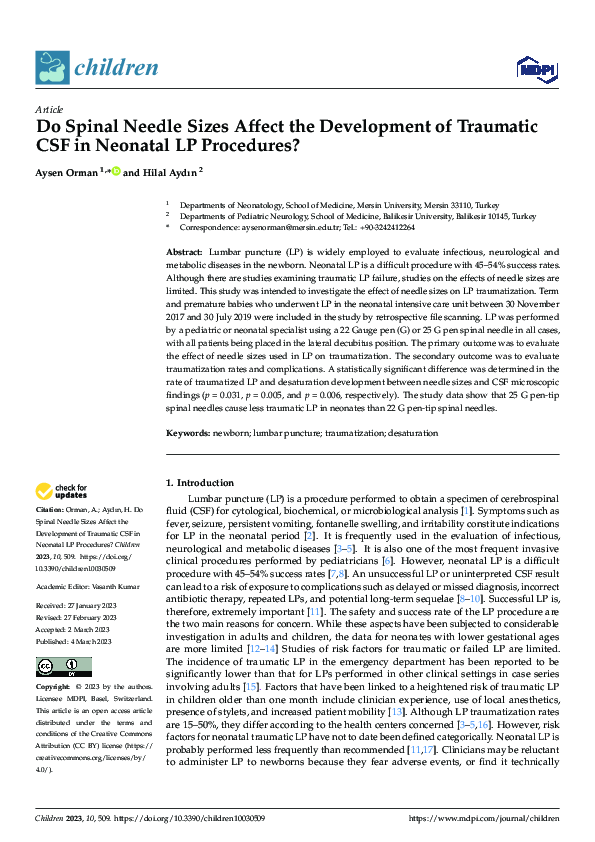 (PDF) Do Spinal Needle Sizes Affect the Development of Traumatic CSF in ...