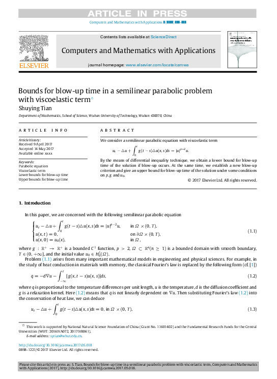 (PDF) Bounds for blow-up time in a semilinear parabolic problem with ...
