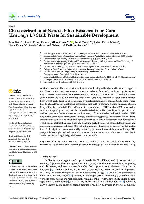 Characterization of Natural Fiber Extracted from Corn (Zea mays L.) Stalk Waste for Sustainable Development