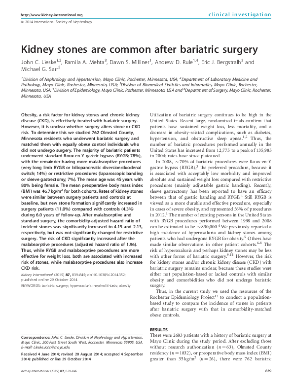 (PDF) Kidney stones are common after bariatric surgery John Lieske