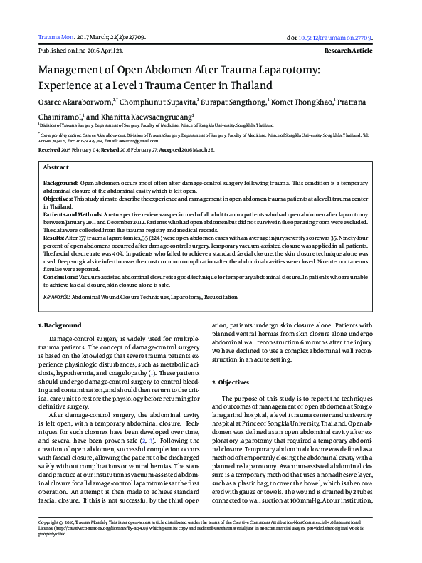 (PDF) Management of Open Abdomen After Trauma Laparotomy: The ...