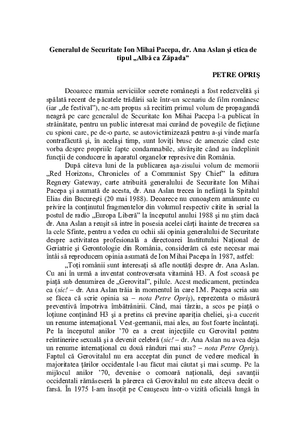 (PDF) P. Opriş, Generalul de Securitate Ion Mihai Pacepa, dr. Ana Aslan ...
