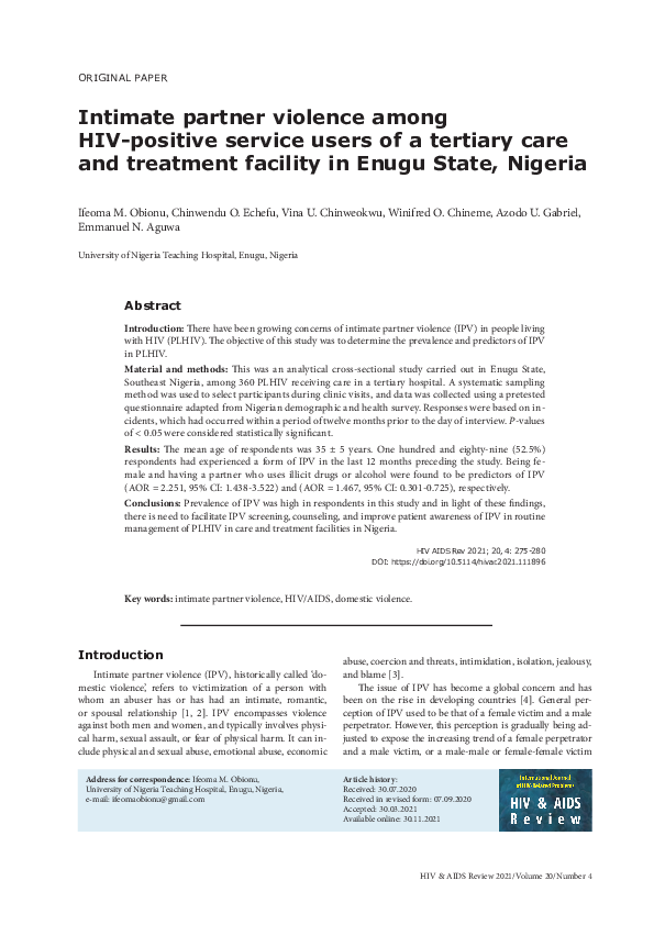 (PDF) Intimate partner violence among HIV-positive service users of a ...