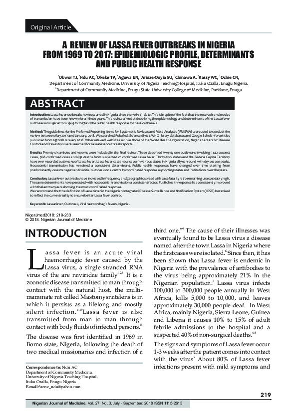 (PDF) A review of lassa fever outbreaks in Nigeria from 1969 to 2017 ...