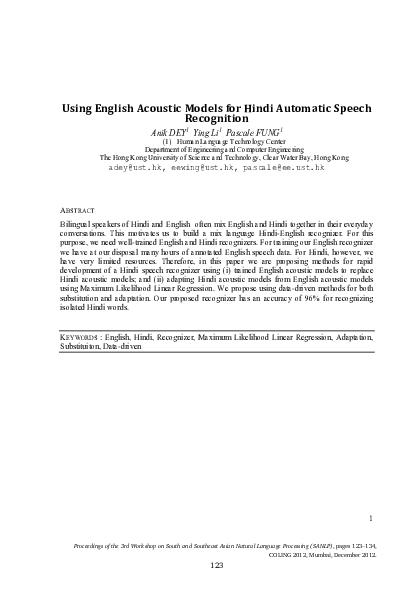 (PDF) Using English Acoustic Models for Hindi Automatic Speech Recognition