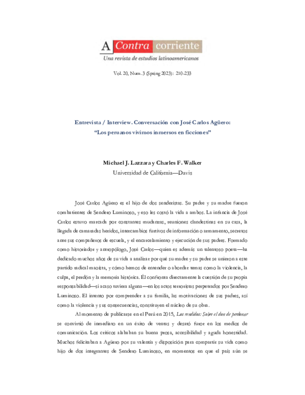 Entrevista / Interview. Conversación con José Carlos Agüero: "Los peruanos vivimos inmersos en ficciones"