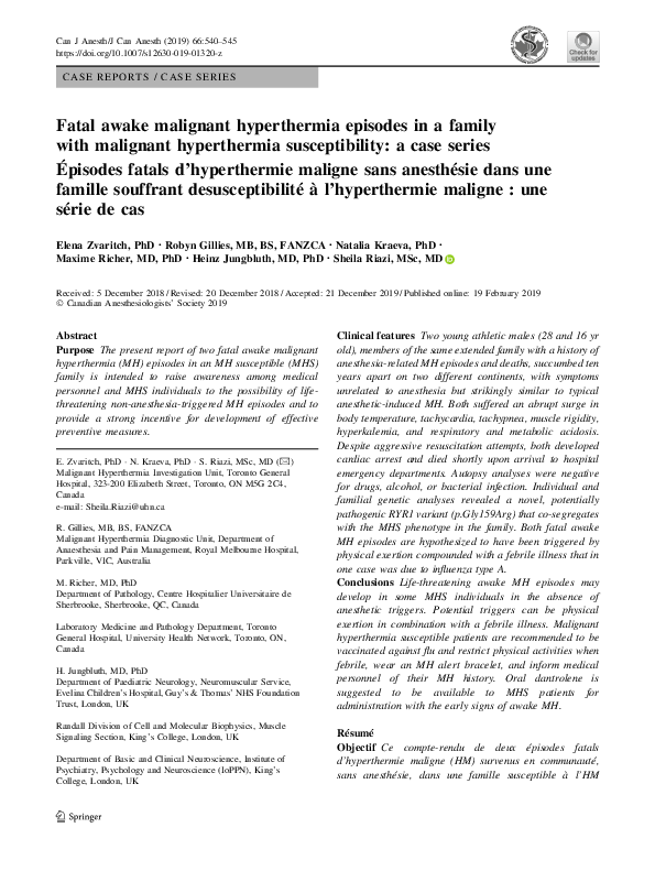 (PDF) Fatal awake malignant hyperthermia episodes in a family with