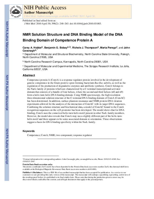 (PDF) NMR Solution Structure and DNA-binding Model of the DNA-binding ...