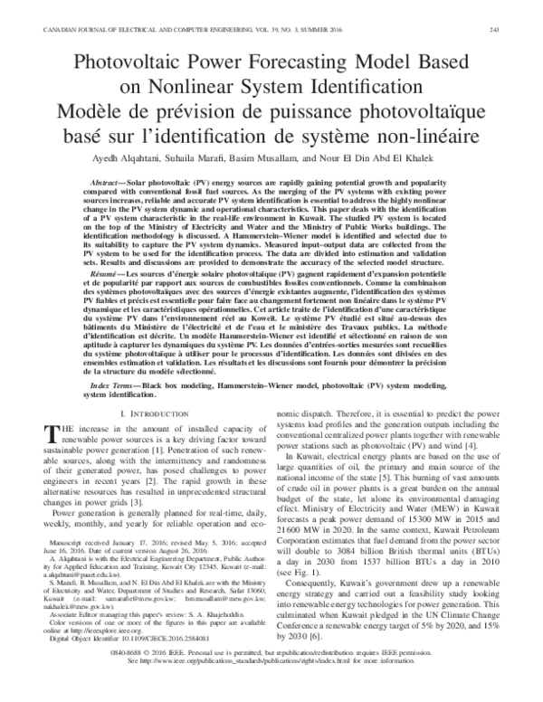(PDF) Photovoltaic Power Forecasting Model Based on Nonlinear System ...