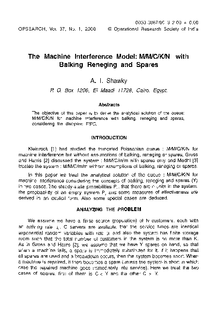 (PDF) The Machine Interference Model: M/M/C/K/N with Balking Reneging ...