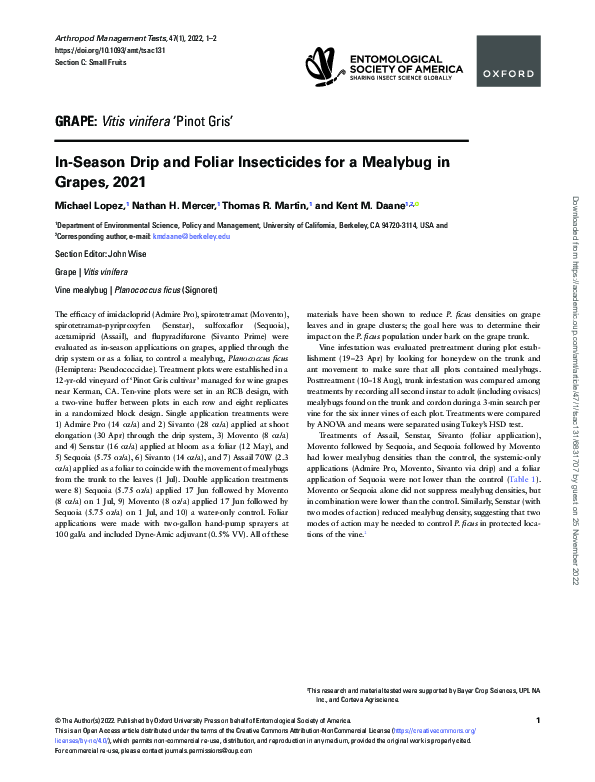 (PDF) In-Season Drip and Foliar Insecticides for a Mealybug in Grapes, 2021