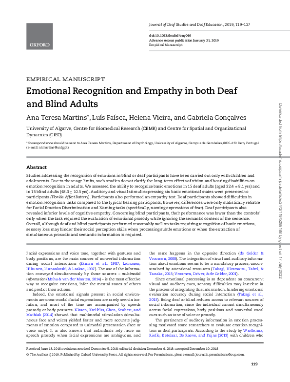 (PDF) Emotional Recognition and Empathy both in Deaf and Blind Adults
