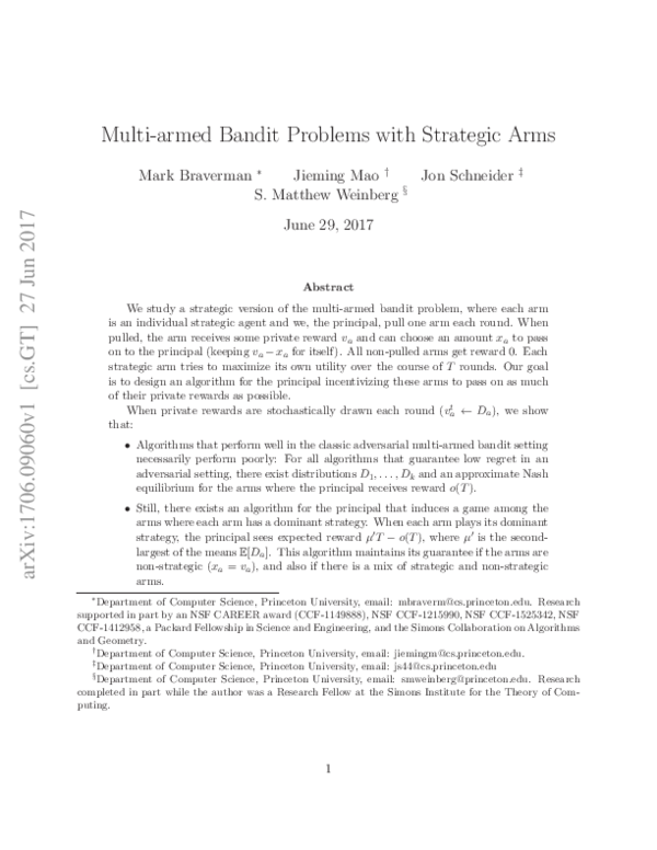(PDF) Multi-armed Bandit Problems with Strategic Arms