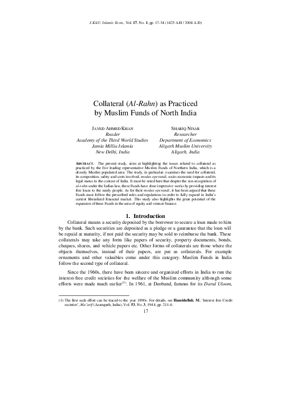 (PDF) Collateral (Al-Rahn) as Practiced by Muslim Funds of North India