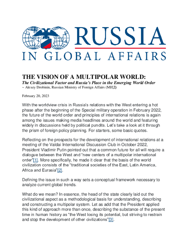 (PDF) THE VISION OF A MULTIPOLAR WORLD: The Civilizational Factor and ...