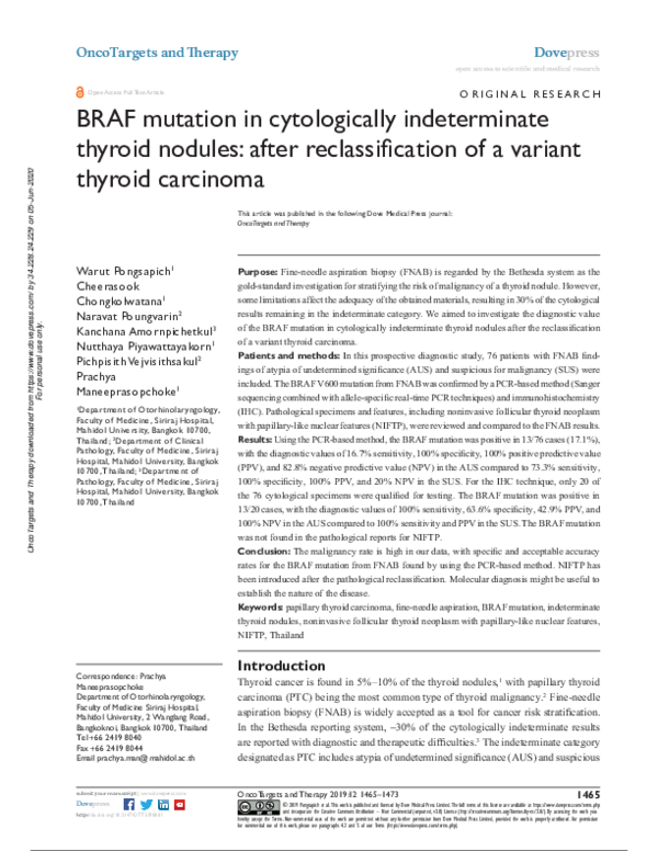 (PDF) BRAF mutation in cytologically indeterminate thyroid nodules ...