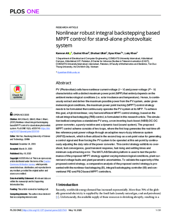 (PDF) Nonlinear robust integral backstepping based MPPT control for ...