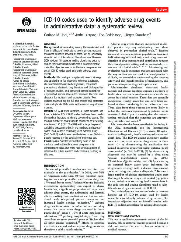 (PDF) ICD10 codes used to identify adverse drug events in administrative data a systematic