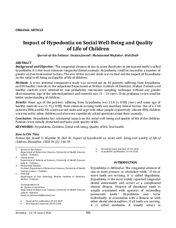 (PDF) Impact of Hypodontia on Social Well-Being and Quality of Life of ...