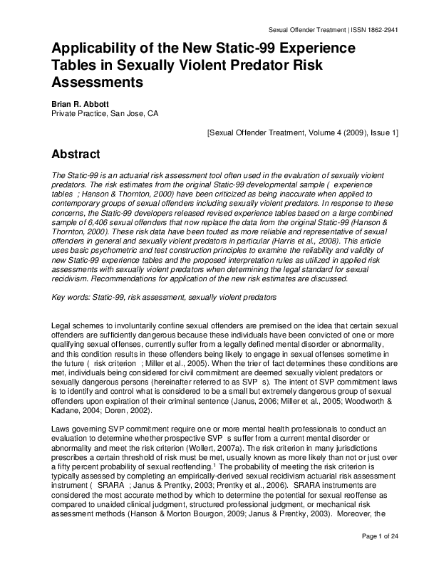 (PDF) Applicability of the New Static-99 Experience Tables in Sexually ...