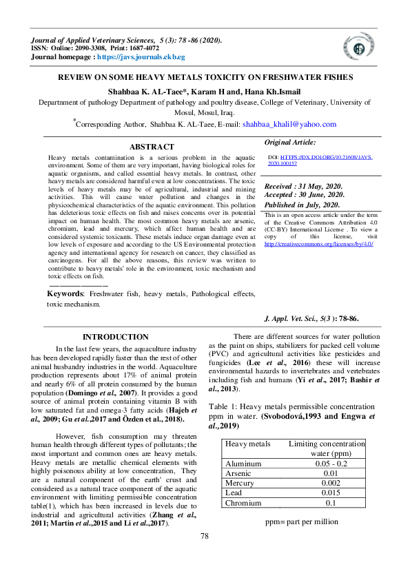 (PDF) REVIEW ON SOME HEAVY METALS TOXICITY ON FRESHWATER FISHES
