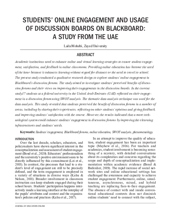 (PDF) STUDENTS' ONLINE ENGAGEMENT AND USAGE OF DISCUSSION BOARDS ON ...