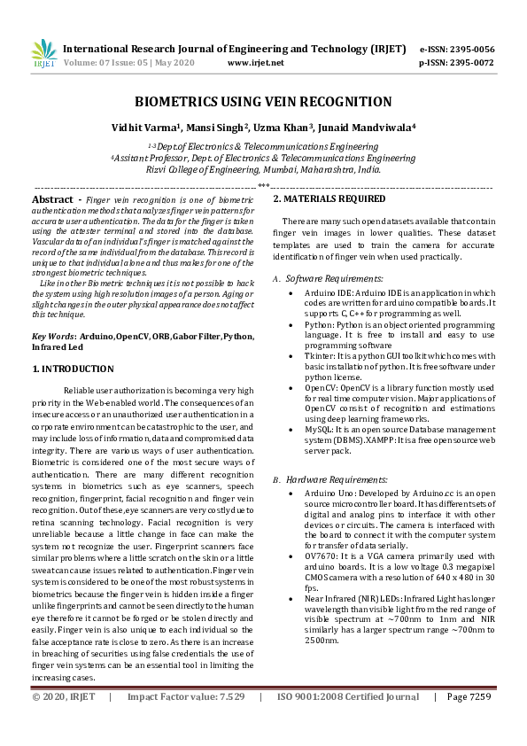 (PDF) Biometrics Using Vein Recognition