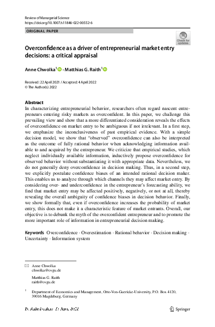 (PDF) Overconfidence as a driver of entrepreneurial market entry ...