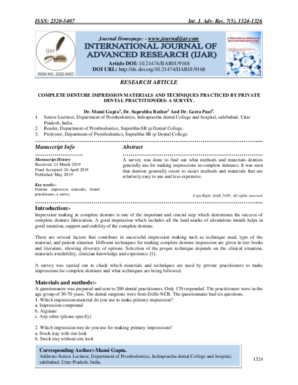 (PDF) Complete Denture Impression Materials and Techniques Practiced by