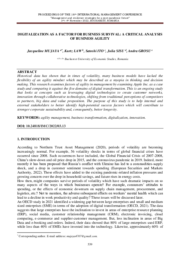 (PDF) Digitalization as a Factor for Business Survival: A Critical