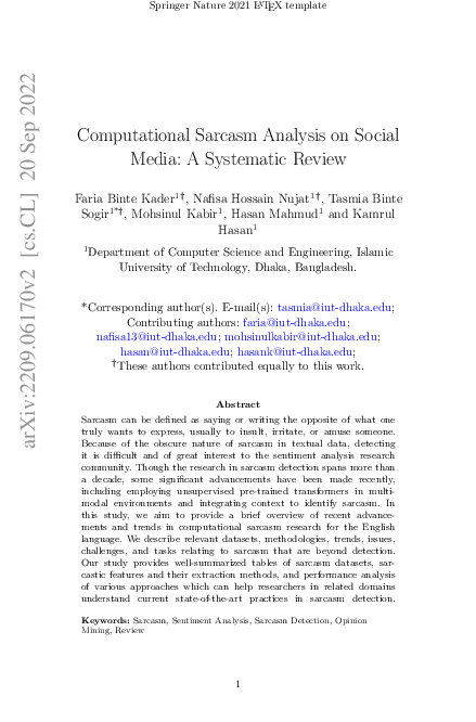 (PDF) Computational Sarcasm Analysis on Social Media: A Systematic Review