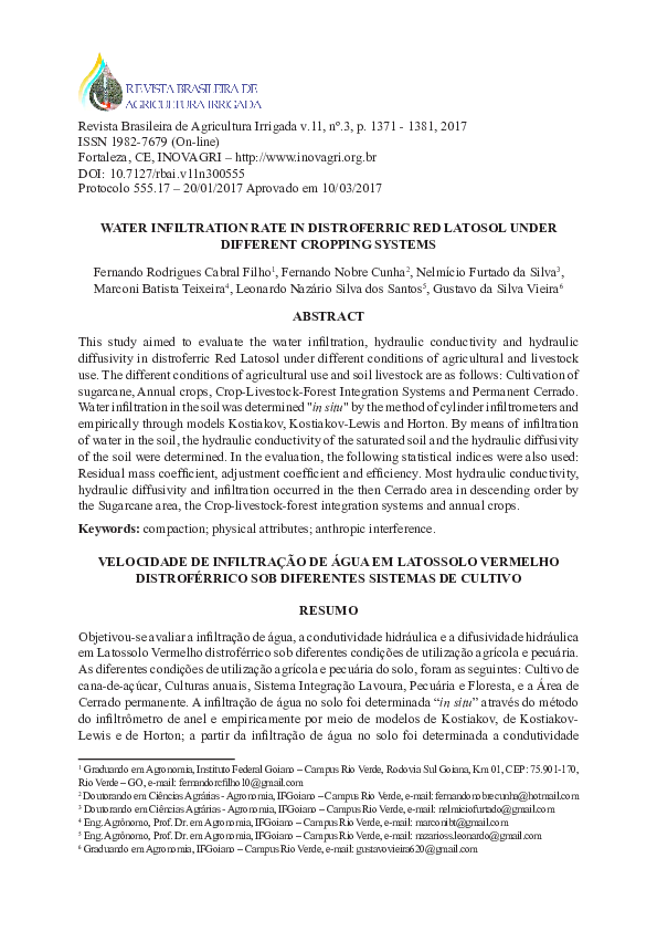 (PDF) Water Infiltration Rate in Distroferric Red Latosol Under ...