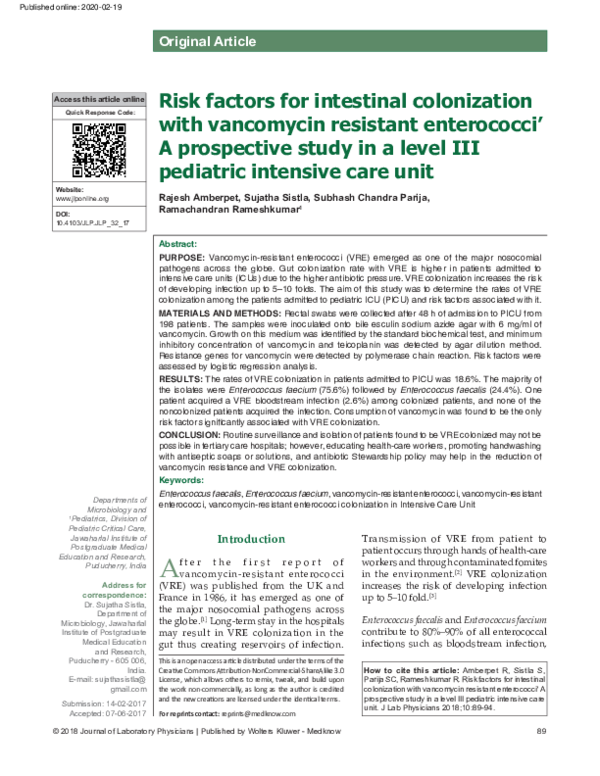 (PDF) Risk factors for intestinal colonization with vancomycin ...