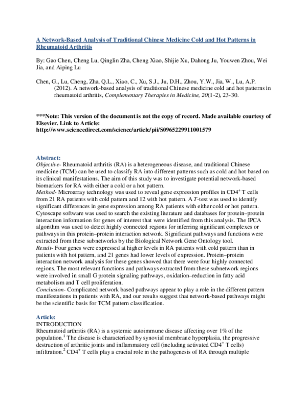 (PDF) A network-based analysis of traditional Chinese medicine cold and ...