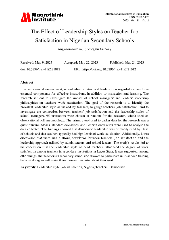 (PDF) The Effect of Leadership Styles on Teacher Job Satisfaction in ...