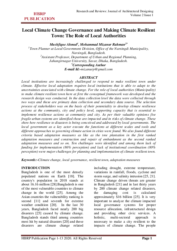 (PDF) Local Climate Change Governance and Making Climate Resilient Town ...