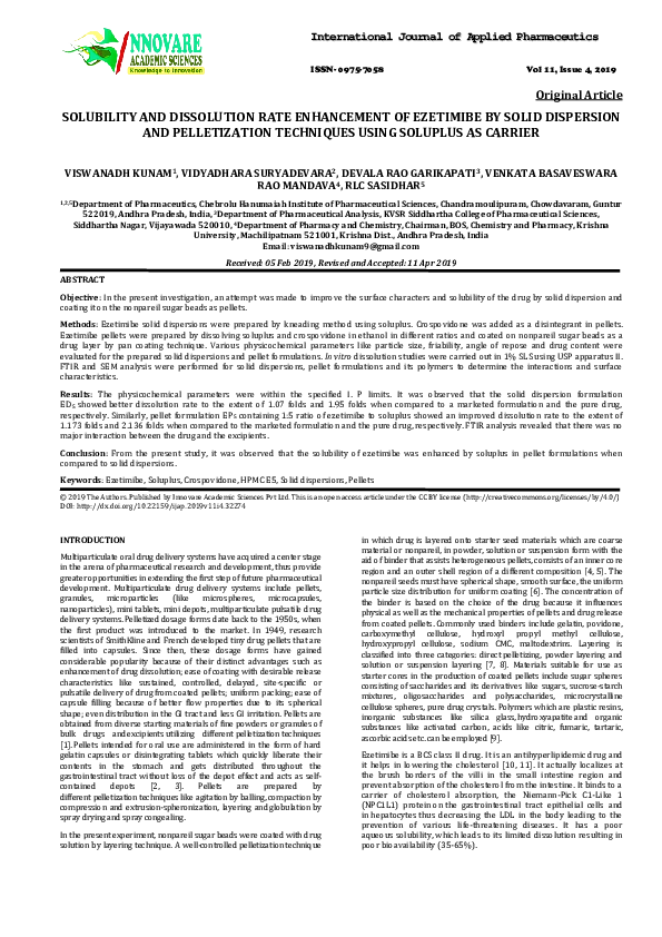 (PDF) SOLUBILITY AND DISSOLUTION RATE ENHANCEMENT OF EZETIMIBE BY SOLID ...