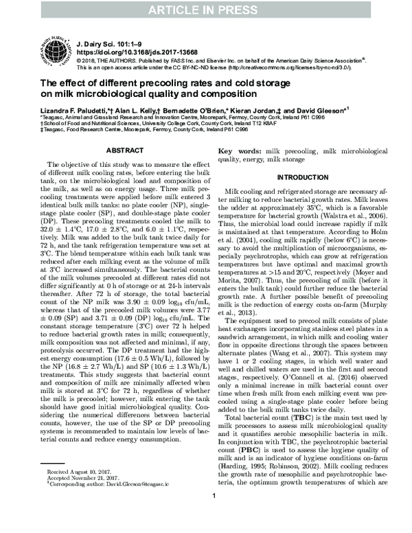 (PDF) The effect of different precooling rates and cold storage on milk ...