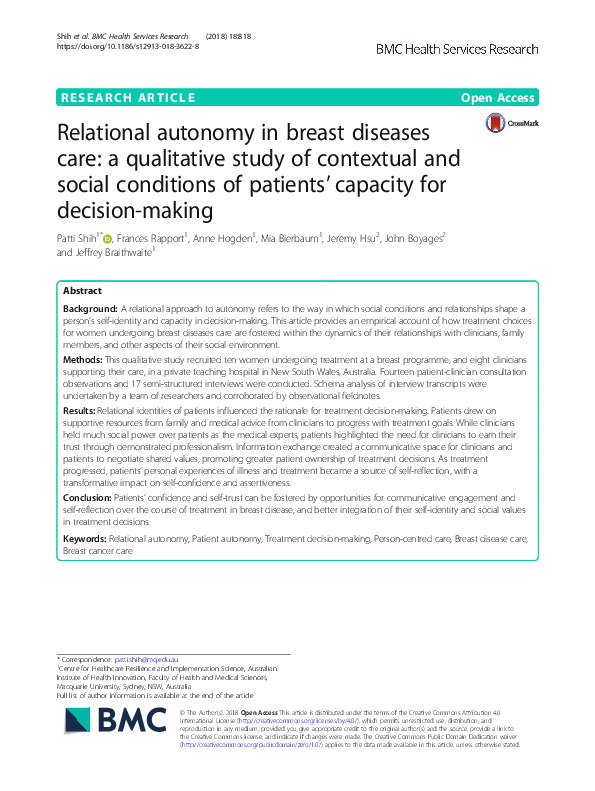 Relational autonomy in breast diseases care: a qualitative study of contextual and social conditions of patients’ capacity for decision-making
